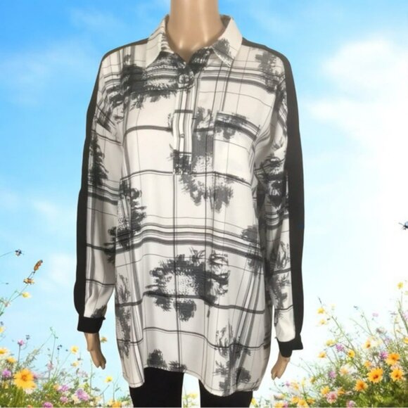 👛(ANY 2/$20) FRENCH CONNECTION  High-Low Long Sleeved Pull On Blouse Black/White - Picture 3 of 4